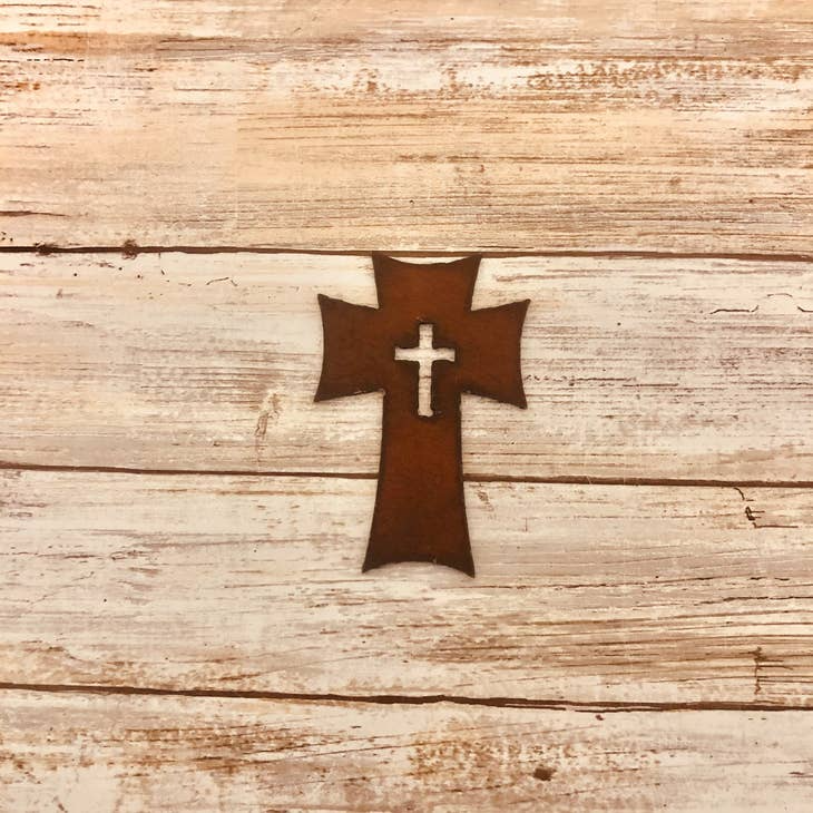 Cross with Cross Rusty Metal Magnet
